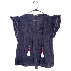 ACOS & A Flamenco Embroidered Ruffle Sleeve Top Black Women's Medium